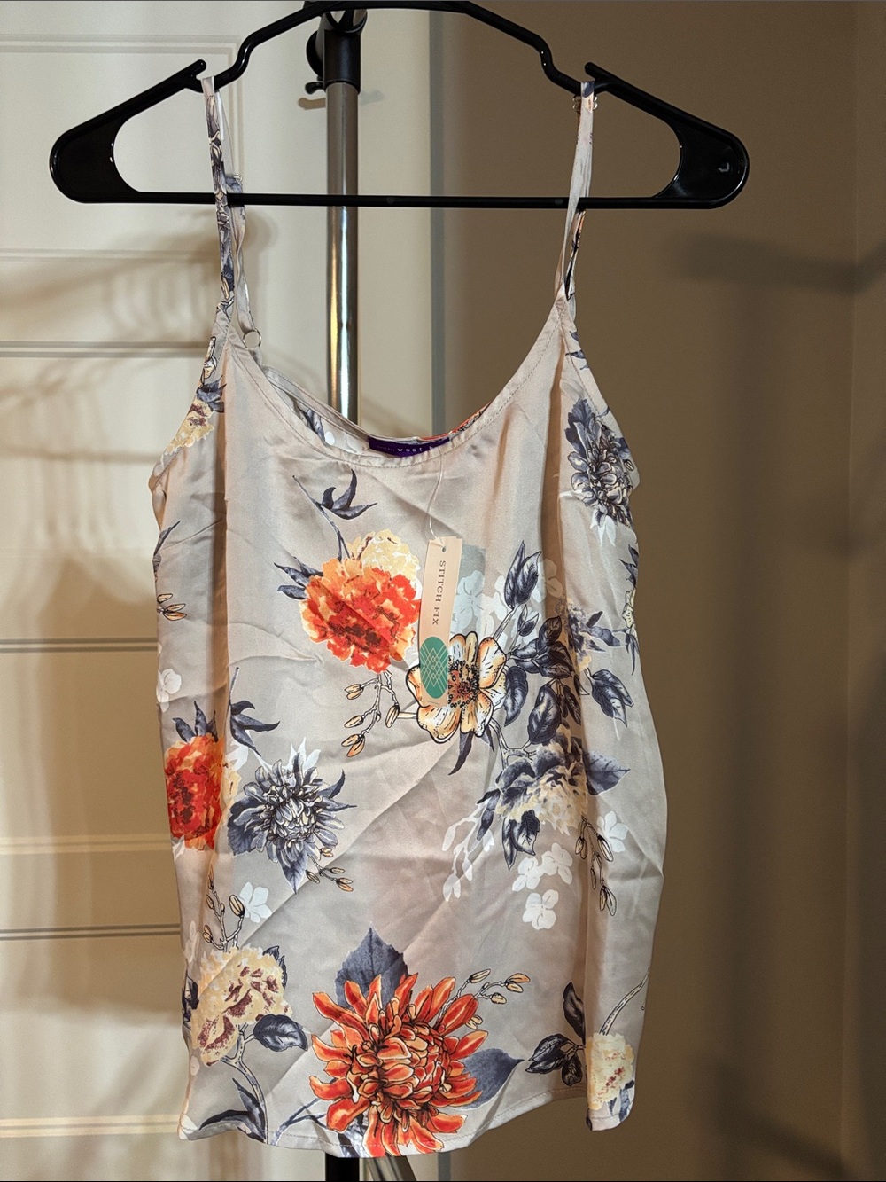 West Kei Gray Satin Floral Cami with Orange and Cream Blooms